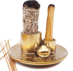 4 in 1 Incense Burner Holder with Ash Catcher, Gold-Plated Ceramic Tray for Burning Incense Sticks, White Sage, Palo Santo, Candle