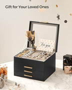 SONGMICS GISELLA Collection - Jewelry Box Organizer, 4-Layer Jewelry Storage with 3 Drawers, Shiny Metal Hardware, Glass Lid, Modern, 8 x 9.1 x 6.5 Inches, Ink Black and Gold Color UJBC173B01