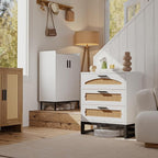 Mericonia 3 Drawer Rattan Dresser for Bedroom, Wood Dresser for Closet with Metal Handles, Small Boho Nightstand Sets, Dressers & Chests of Drawers for Bedroom, Hallway and Entryway, White