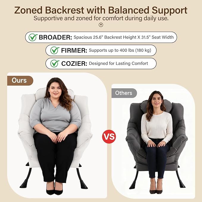 Lazy Chair with Ottoman, Modern Accent Chair with Lumbar Pillow, Beige Sofa, Lounge Chairs with Folding Footrest, Oversized Supportive Chairs for Bedroom, Reading