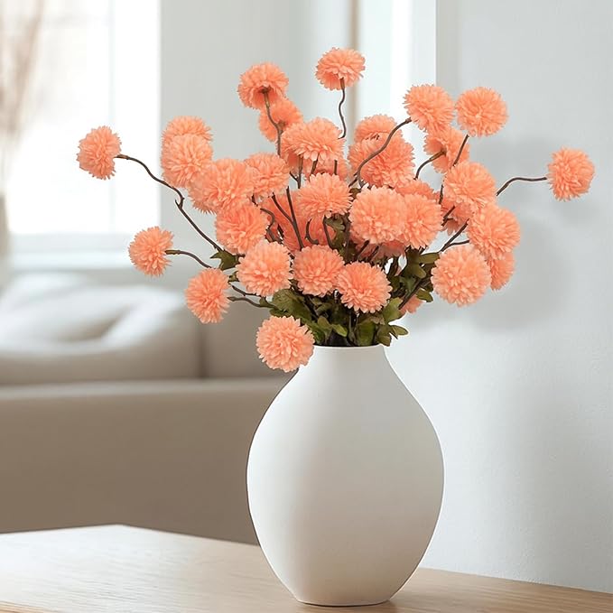 DuHouse 6pcs Artificial Flowers Faux Silk Pompon Mum,Silk Small Mini Chrysanthemum Ball with Stems for DIY Wedding Bouquets Centerpieces Vase Home Table Kitchen Decorations(Peach Fuzz)