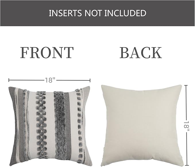 Boho Throw Pillow Covers 18x18 Set of 2 for Couch-Modern Farmhouse Sofa Decorative Grey Throw Pillows Covers Textured Chenille Cushion Covers Outdoor Netural Bohemian Pillow Cases Square