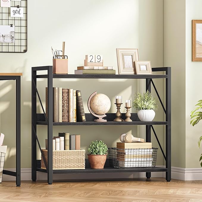 HOOBRO Bookshelf, 3-Tier Industrial Bookcase, Book Shelf Storage Organizer, Bookshelf with Metal Frame for Living Room, Bedroom, Home Office, Kitchen, Black BB718SJ01