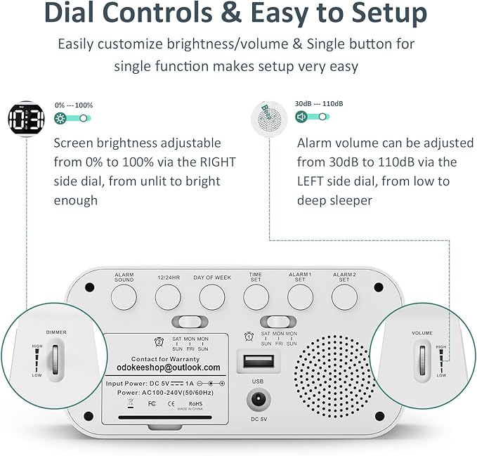 Digital Dual Alarm Clock for Bedroom, Easy to Set, 0-100% Dimmer, USB Charger, 5 Sound Adjustable Volume, Weekday/Weekend Mode, Snooze, 12/24Hr, Battery Backup, Compact Clock for Bedside(White)