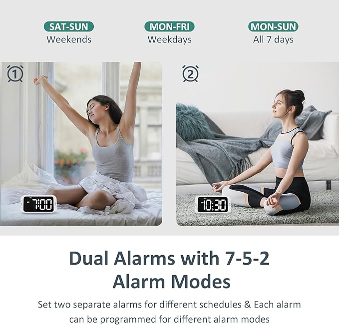 Digital Dual Alarm Clock for Bedroom, Easy to Set, 0-100% Dimmer, USB Charger, 5 Sound Adjustable Volume, Weekday/Weekend Mode, Snooze, 12/24Hr, Battery Backup, Compact Clock for Bedside(White)