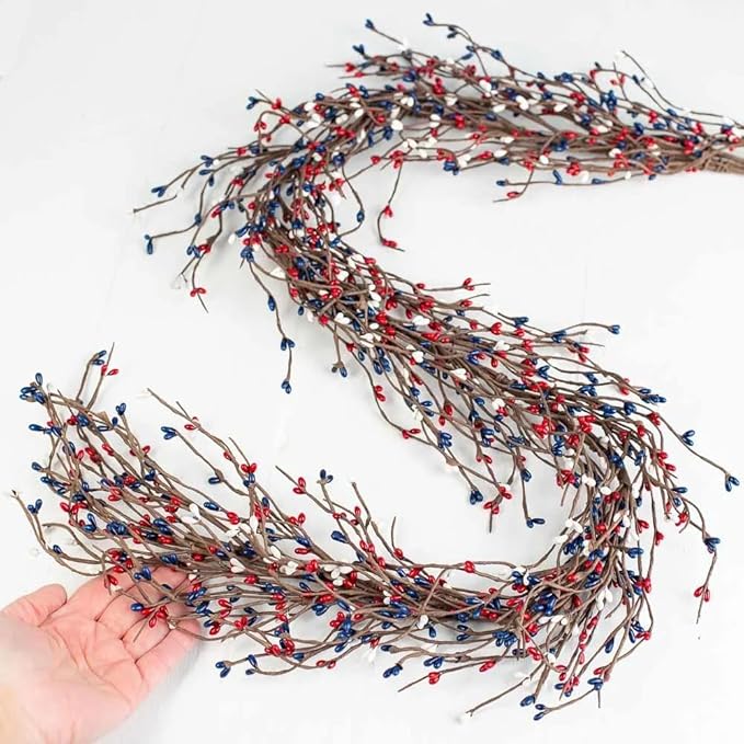 NeoL'artes 60in Patriotic Pip Berry Garland, Red White Blue, 4th of July Holiday Decor, Primitive Craft Wreath Garland for Memorial Day