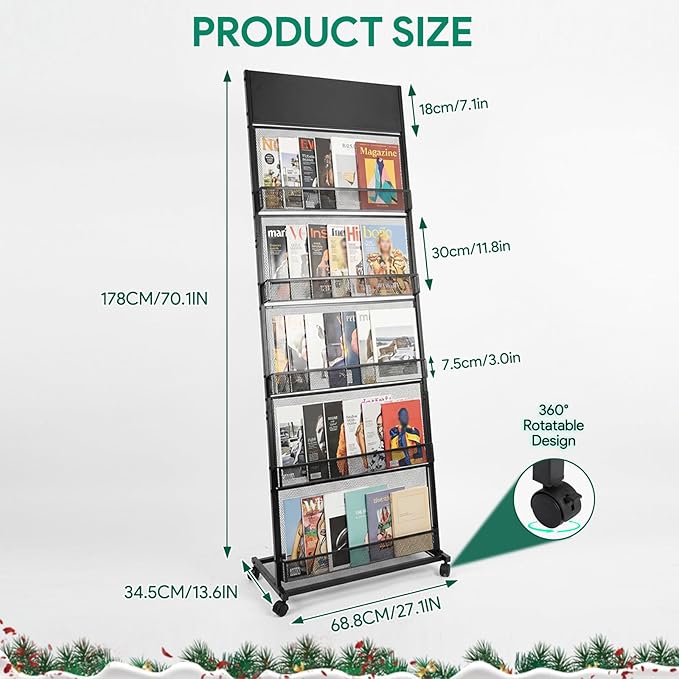 5 Layer Floor Magazine Rack Stand, 70"×27×13.6" Brochure Display Stand with 4 Universal Wheels, Detachable Magazine Display withTop Billboard, for Exhibitions, Shopping Malls, Hospitals, Offices
