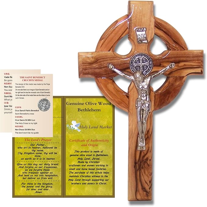 Holy Land Market 6" Celtic Olive Wood Wall Crucifix – Handmade in Bethlehem with Metal Saint Benedict Medal (Front & Back), Certificate, Prayer Card & Medal Explanation – Solid Olive Wood Cross