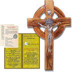 Holy Land Market 6" Celtic Olive Wood Wall Crucifix – Handmade in Bethlehem with Metal Saint Benedict Medal (Front & Back), Certificate, Prayer Card & Medal Explanation – Solid Olive Wood Cross