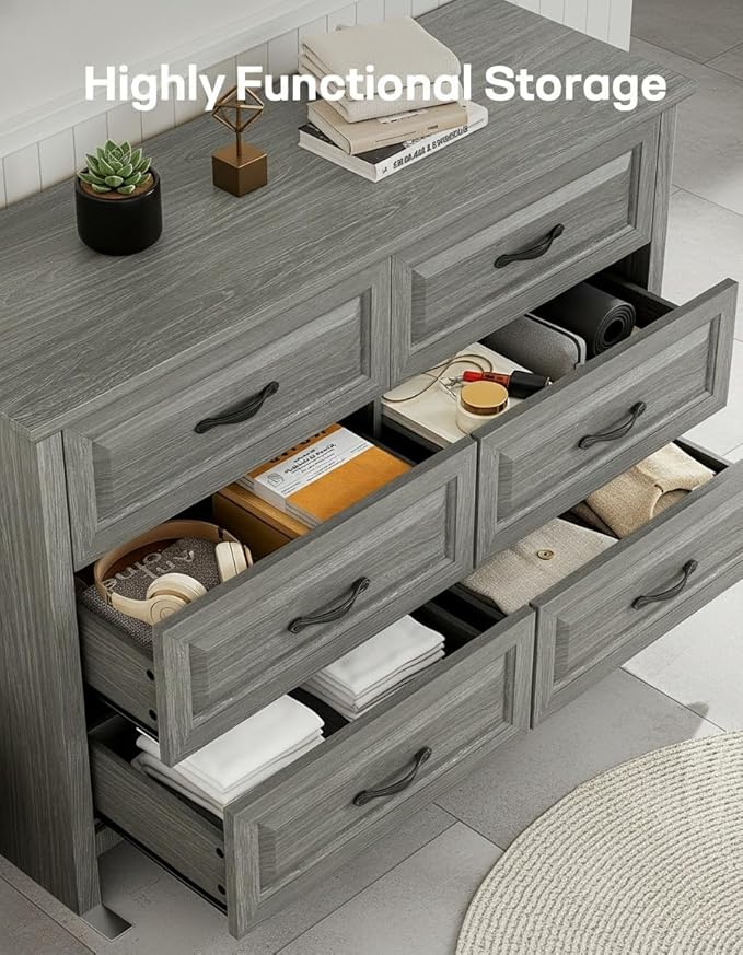 Marsail Farmhouse 6 Drawer Dresser, Wood Chest of Drawers with Natural Texture, Smooth Gliding Drawers, Versatile Storage Organizer Cabinet for Bedroom & Living Room, Grey