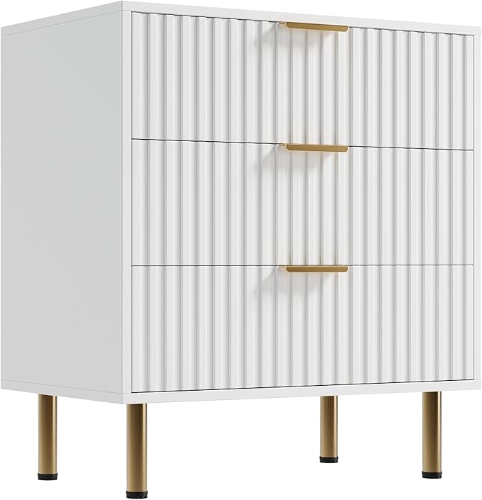 GarveeHome White 3 Drawer Dresser for Bedroom, Fluted Modern Nightstand with Deep Drawers, Chest of Drawers with Wide Top, Wooden Dresser Organizer, Side Table for Living Room, Hallway, Kids Room