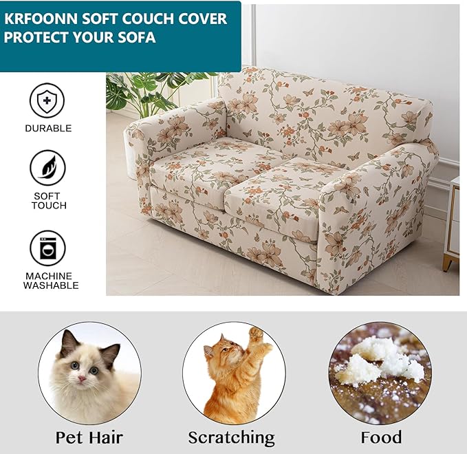 KRFOONN 3 Piece Printed Couch Cover for 2 Cushion Couch Stretch Sofa Loveseat Slipcover with 2 Separate Seat Cushion Covers Furniture Protector with Elastic Bottom for Living Room (Loveseat, 57)