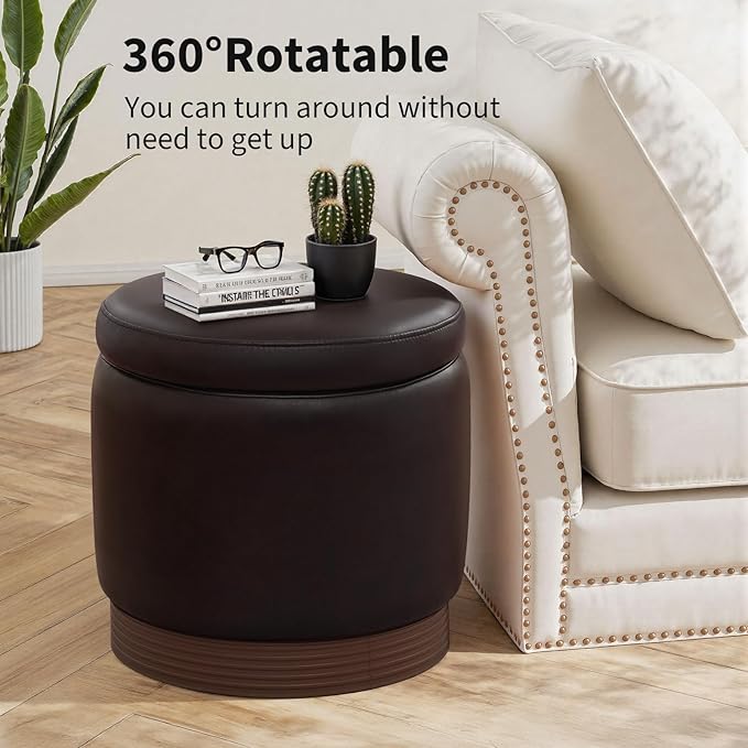 Round Storage Ottoman,Dark Brown Swivel Vanity Stool-Smooth Faux Leather Foot Rest,Footstool Pouf with Sturdy Acacia Wood Frame(500lbs),Hidden Storage Ottoman for Living Room Assembled