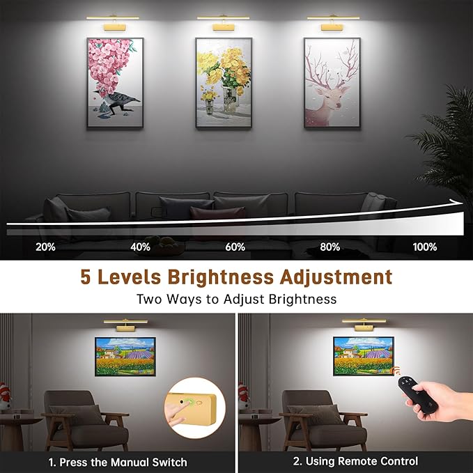 Picture Light, 15.35inch Wireless Picture Lights for Wall Rechargeable, 5400mAh Battery Wall Light with Remote, 3 Color Art Lighting for Paintings with Timer and Dimmable Artwork Display (Gold-2PCS)