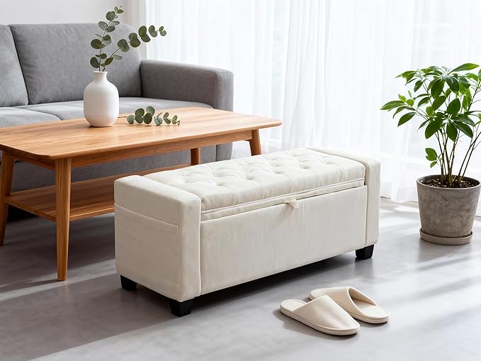 Storage Ottoman Bench for Bedroom & End of Bed Seating, Upholstered Tufted Linen Bench with Hidden Storage & Safety Hinge, 43 Inch, 350 lb Weight Capacity, Linen Beige