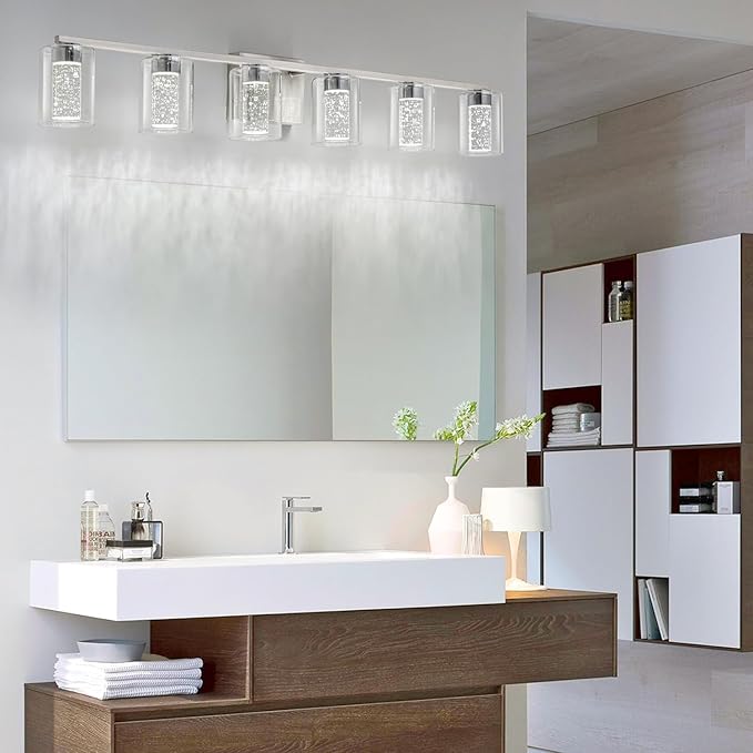 SineRise 6-Light Brushed Nickel Vanity Light with 3 Color Modes (3000K/4000K/6000K), Eye Protection LED Bathroom Light Fixture, Dimmable Modern Wall Light Over Mirror with Clear Glass Shade