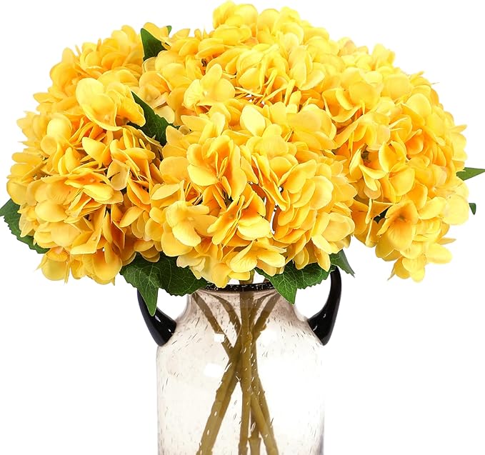Kimura's Cabin 6pcs Yellow Fake Flowers Faux Hydrangea Flower Artificial Silk Hydrangeas Bouquets with Stems for Home Wedding Baby Shower Birthday Party Festive Decoration (Yellow)