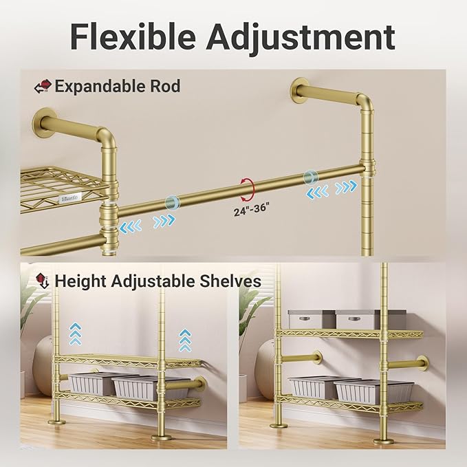 Timate L6 Closet Rack Wall Mount for Corner - Expandable Industrial Pipe Closet System, Heavy Duty Hanging Garment Rack, Closet Organizer Storage Solution for Wardrobe, Bedroom,Walk-in Closets, Gold