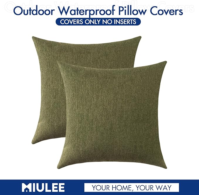 MIULEE Pack of 2 Decorative Outdoor Solid Waterproof Throw Pillow Covers Spring Faux Linen Garden Farmhouse Cushion Cases for Patio Tent Balcony Couch Sofa 20x20 Inch Olive Green