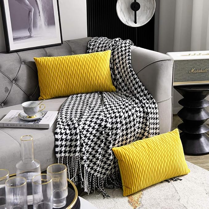 Mustard Yellow Couch Pillow Covers: 2 Pack 12x20 Inch Original Striped Velvet Rectangular Throw Pillow Cases for Farmhouse Home Decor
