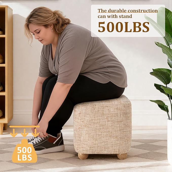 Cube Pouf Ottoman with Wooden Leg,Chenille Fabric Vanity Stool-Upholstered Floor Chair,Square Footstool Pouf with Acacia Wood Frame(500Lbs),Small Coffee Table Ottoman for Living Room