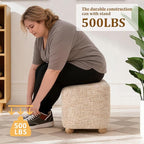 Cube Pouf Ottoman with Wooden Leg,Chenille Fabric Vanity Stool-Upholstered Floor Chair,Square Footstool Pouf with Acacia Wood Frame(500Lbs),Small Coffee Table Ottoman for Living Room