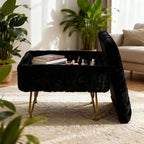 ACEQLYT® Small Foot Stool Ottoman with Storage, Foot Rest for Couch and Chair, Black Faux Fur Storage Ottoman with Gold Metal Legs and Padded Seat