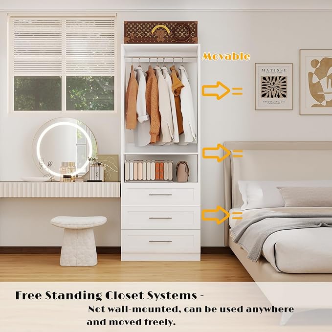 Dilando Closet System with Drawers, 2FT Wood Closet Organizer System 23.7" Walk-in Closet Corner Small Closets Storage System with Hanging Rods, White (2FT)
