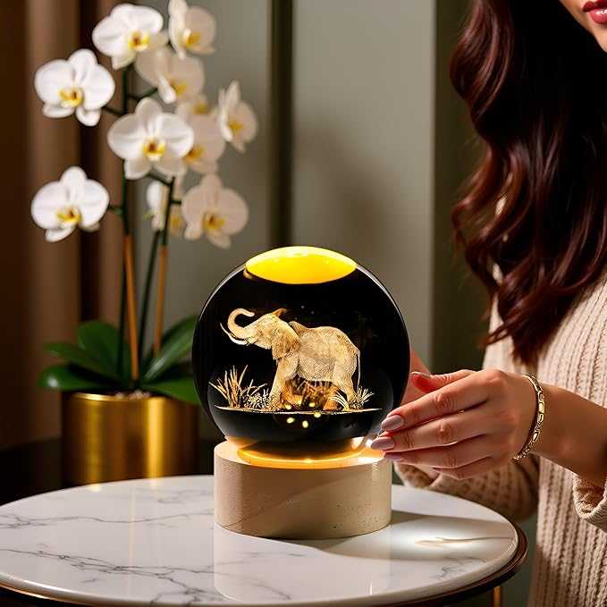 Elephants Gifts for Women Men 3D Elephant Crystal Ball with Wooden Light Base Glass Elephant Figurines Decor for Elephants Lovers on Christmas Valentine's Day Birthday (Diameter 2.36 inches)