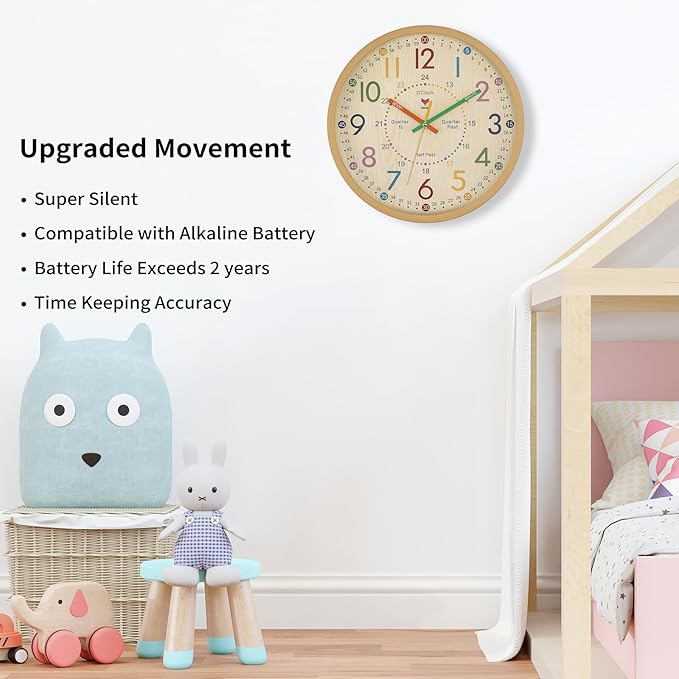 Foxtop Learning Clock for Kids - Telling Time Teaching Clock 12 Inch Silent Non-Ticking Battery Operated Kids Wall Clock for Kids Room Playroom Nursery Classroom School
