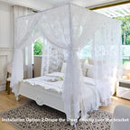 AIKASY Elegant Lace Princess 4-Poster Bed Canopy Mosquito Net - Romantic Wedding Bridal Bedroom Decor, Kids Room Bed Curtain for Women Adults - (White-4,King)