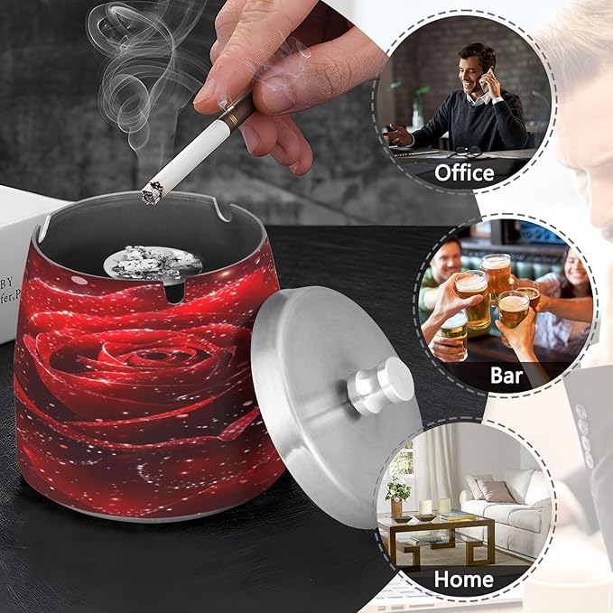 Rose Glitter Ashtray with Lid, Outdoor Ashtrays for Patio, Stainless Steel Ashtray Odorless Smokeless for Home Office Balcony