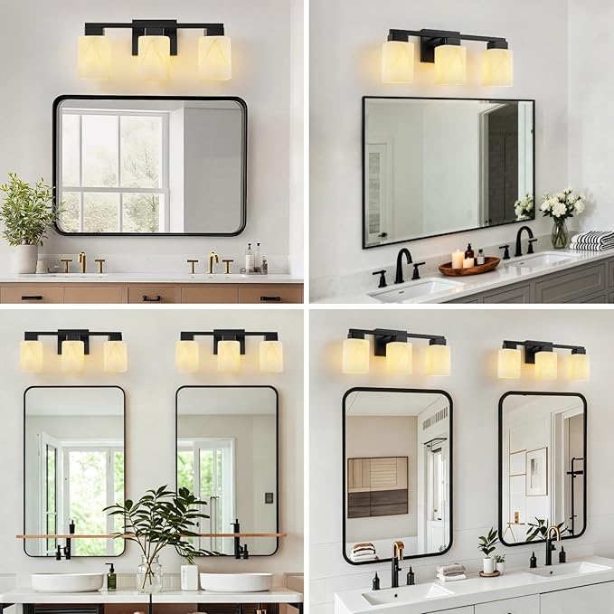 3-Light Square Bathroom Light Fixture, Matte Black Modern Vanity Light with White Marble Glass Shade, for Bathroom Mirror, Living Room, Bedroom, Hallway, E26 Base