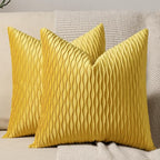 Mustard Yellow Couch Pillow Covers: 2 Pack 24x24 Inch Original Striped Velvet Square Throw Pillow Cases for Farmhouse Home Decor