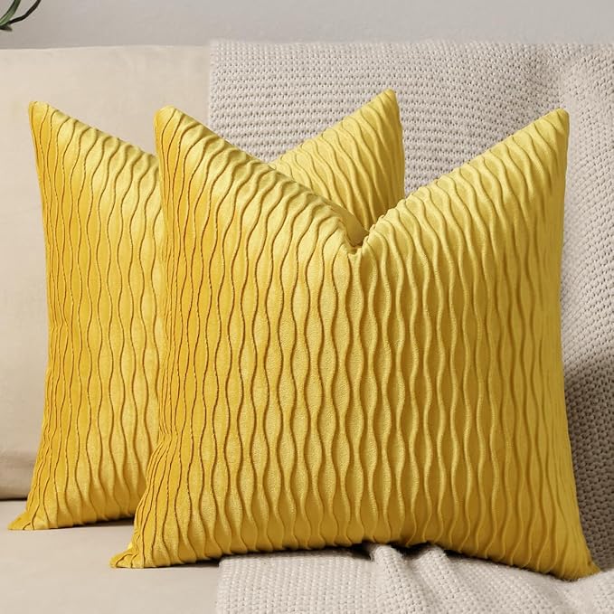Mustard Yellow Couch Pillow Covers: 2 Pack 24x24 Inch Original Striped Velvet Square Throw Pillow Cases for Farmhouse Home Decor