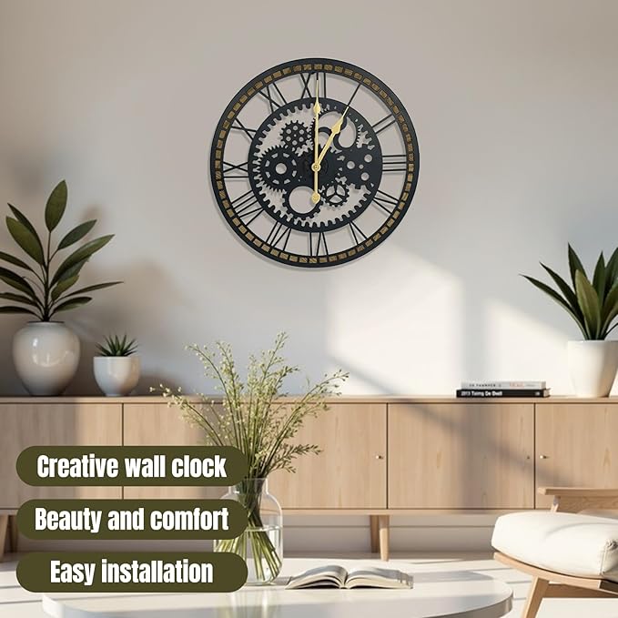 16 Inch Wall Clock, Gear Clock, Silent Non Ticking, Battery Operated Large Wall Clocks for Living Room Decor, Kitchen, Office (Vintage Industrial Steampunk)