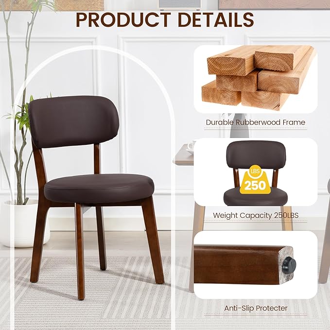 Yilaywain Mid-Century Modern Dining Chairs with Rubberwood Frame, Black Faux Leather Upholstered, 250 LBS Weight Capacity, Anti-Slip Protectors (Brown)
