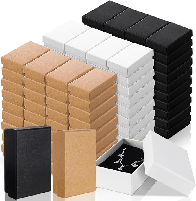 Tenceur 100 Pcs Valentines Jewelry Gift Boxes Bulk Kraft Jewelry Cardboard Box for Necklace Earring Bracelet Storage Package(Brown, White, Black,3.2x2x1.2in)