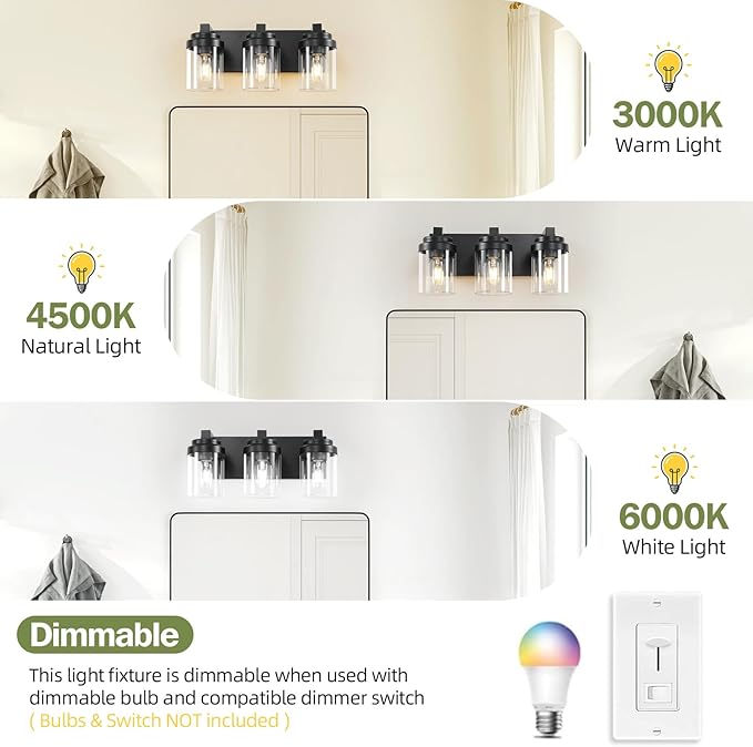 3 Light Bathroom Vanity Light, Matte Black Bathroom Light Fixtures with Clear Glass Shade, Vanity Light Fixtures Over Mirror for Bedroom Living Room,E26