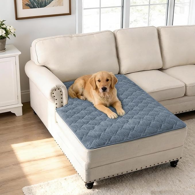 H.VERSAILTEX Couch Cover Chenille Pet Fuzzy Sofa Covers for 2 Cushion Couch Anti Slip Washable Sofa Slipcovers with Strap Soft Couch Protector Cover for Dogs Cats Kids(40" x 50", Stone Blue)
