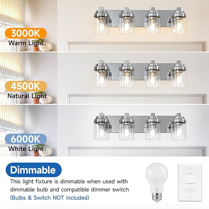 Chrome Bathroom Vanity Light, 4 Light Modern Vanity Lights with Clear Glass Shade, Farmhouse Bathroom Vanity Lighting Fixtures Over Mirror for Living Room,E26