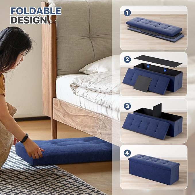 MoNiBloom 43 Inches Folding Storage Ottoman Bench, Storage Chest, Padded Seat, End of Bed Bench, Linen Fabric Ottoman Footrest for Living Room, Bedroom, Entryway, Navy Blue