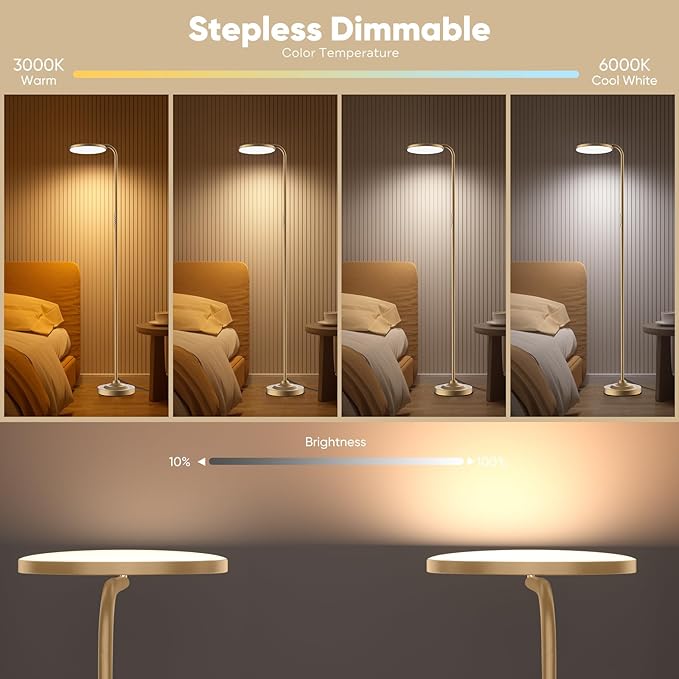 36W LED Floor Lamp, Upgrade Super Bright Standing Lamp, Modern Stepless Dimmable Torchiere Tall Lamp with Remote Control, 350°Rotating Head Reading Floor Lamp for Living Room, Bedroom, Office
