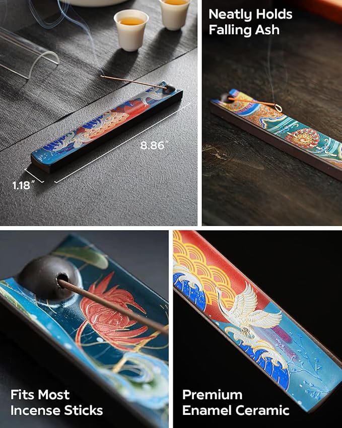 Japanese Incense Stick Holder with Ash Catcher - Ceramic Incense Burner with Traditional Ukiyo-e Art, for Zen Meditation, Home Decor & Gift