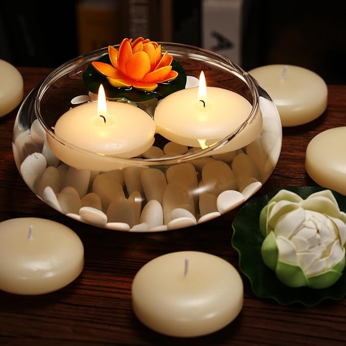24 Pack Floating Candles, 3” Ivory Unscented Dripless Wax Burning Candles, for Weddings, Party, Cylinder Vases, and Home Decorations