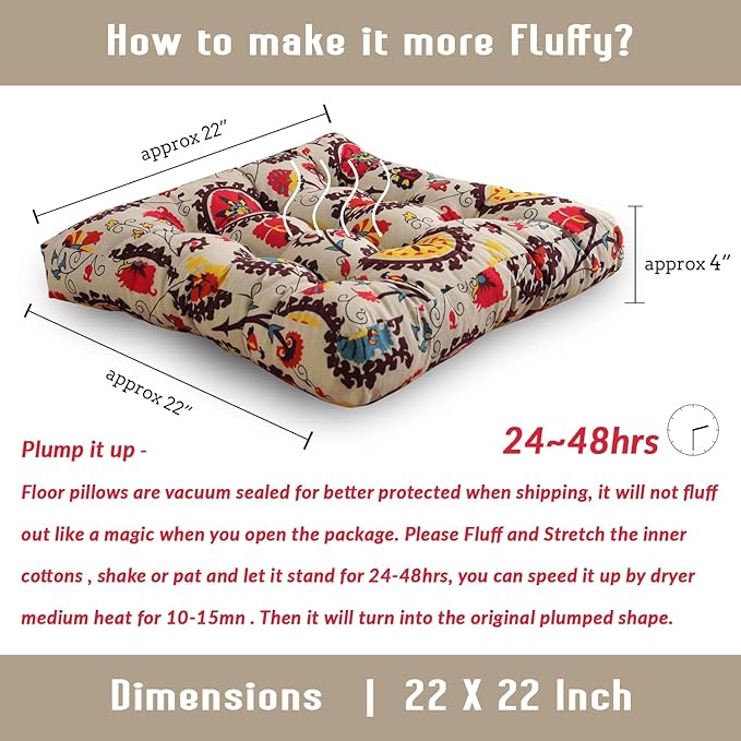 Boho Square Floor Seat Pillows Cushions 22" x 22", Soft Cotton Linen Bohemian Yoga Mandala Meditation Pouf Tatami Floor Pillow Cushion for Living Room Adults & Kids Casual Reading Nooks,Flowers Beige