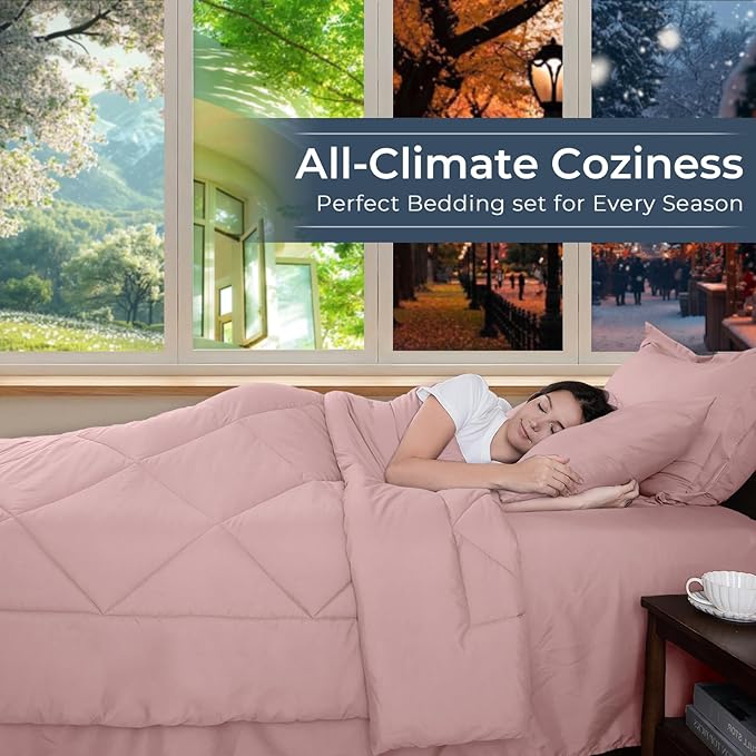 HEVUMYI Dusty Pink King Comforter Set - 7-Piece All Season Bed in a Bag King, Ultra Soft Bedding Set with Comforter, Flat Sheet, Fitted Sheet, Pillowcases, Pillow Shams