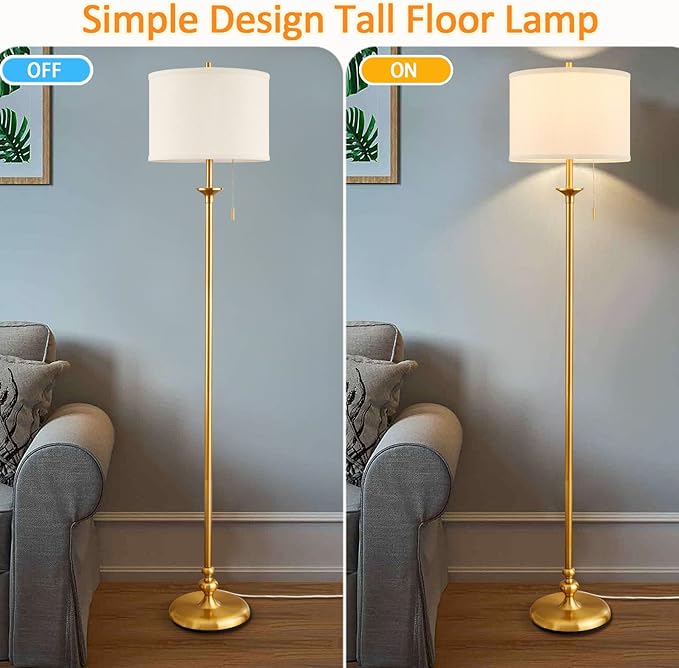 60" Gold Floor Lamp, Standing Lamp for Living Room, Bedroom, Office & Dining Room - Tall Corner Floor Lamps with Pull Chain Switch, Soft Lighting Farmhouse Design - Modern Floor Lamp (Bulb Included)