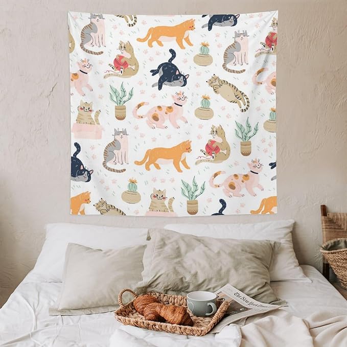 VUMIVI Cute Cat Tapestry Kids Hand-Painted Doodles Colorful Illustrations Potted Plants Paw Prints Tapestry Wall Hanging for Living Room Bedroom Dorm Classroom Aesthetic Decor W60xL60in