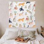 VUMIVI Cute Cat Tapestry Kids Hand-Painted Doodles Colorful Illustrations Potted Plants Paw Prints Tapestry Wall Hanging for Living Room Bedroom Dorm Classroom Aesthetic Decor W60xL60in